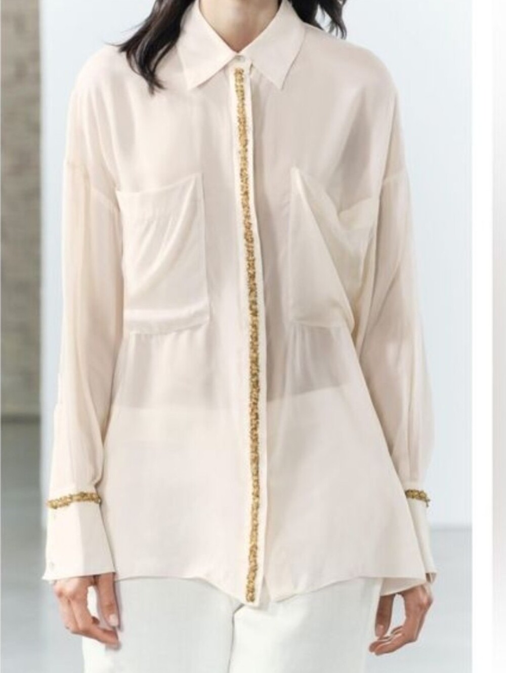 Sz XS S New ZARA SEMI SHEER LONG SEQUIN SHIRT ZW COLLECTION